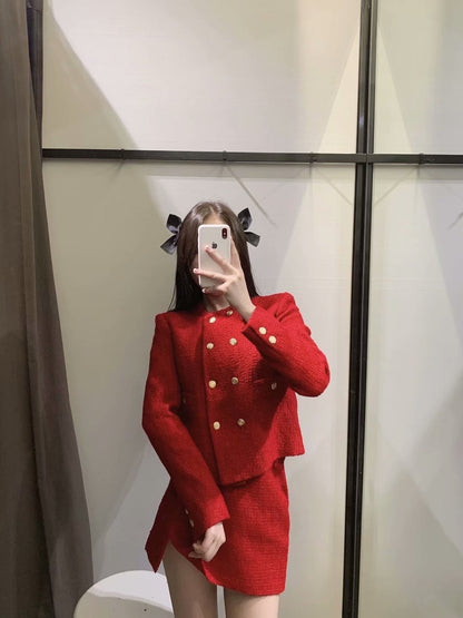 Textured Woolen Short Double Breasted Blazer Split Skirt