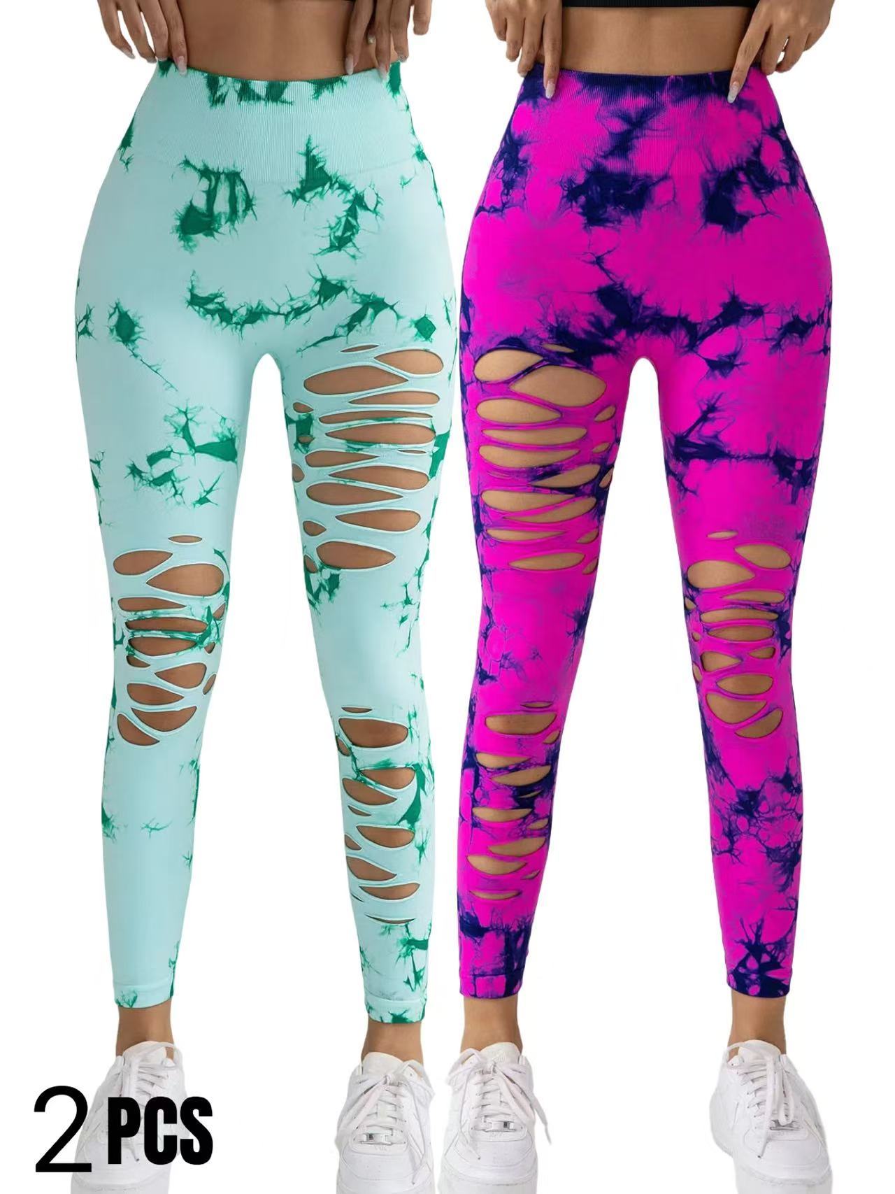2 Pack New Style Hollow-Out Tie-Dye High-Waisted Tummy-Control Yoga Pants