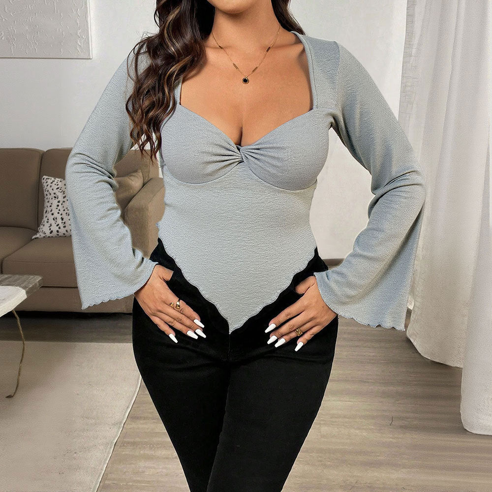 Sexy Slim-fit V-neck Flared Sleeve Waist-cinching Irregular Knit Long-sleeve T-shirt