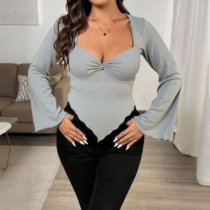 Sexy Slim-fit V-neck Flared Sleeve Waist-cinching Irregular Knit Long-sleeve T-shirt