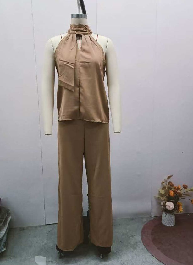 Cutout Crew-neck Sleeveless Top And Wide-leg Pants Chic Set