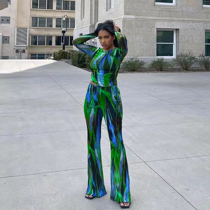 Printed Long Sleeve T-shirt And Wide-leg Pants Two-piece Set
