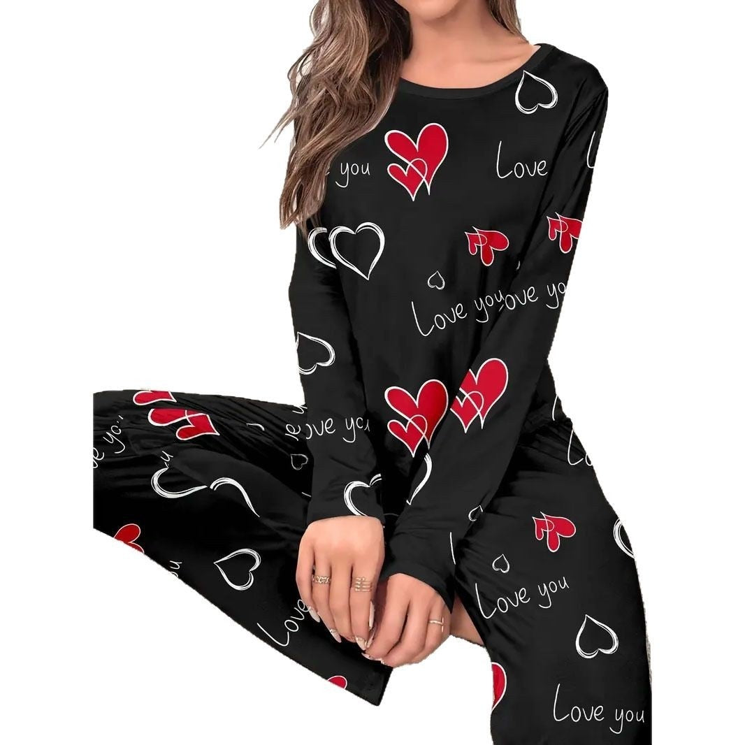Casual Heart Leopard Print Pajamas Set Loose Long Sleeve Ladies