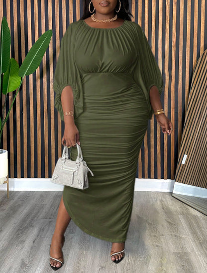 Solid Color Round Neck Raglan Sleeve Fashionable Shirred Long Dress