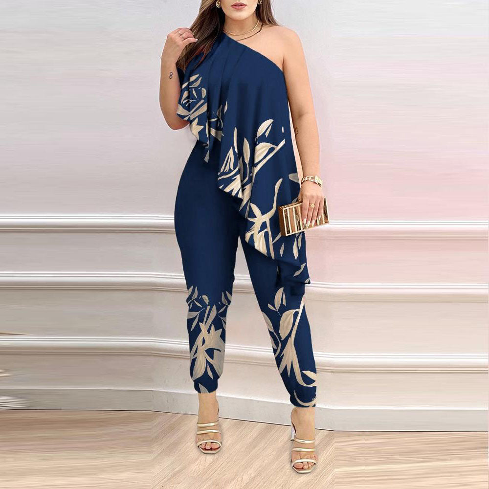 Printed One-shoulder Ruffled Jumpsuit
