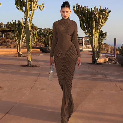 Women's Solid Color High Neck Long Sleeve Ruffle Back Bodycon Dress