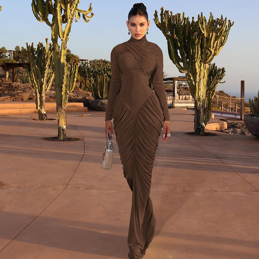 Women's Solid Color High Neck Long Sleeve Ruffle Back Bodycon Dress