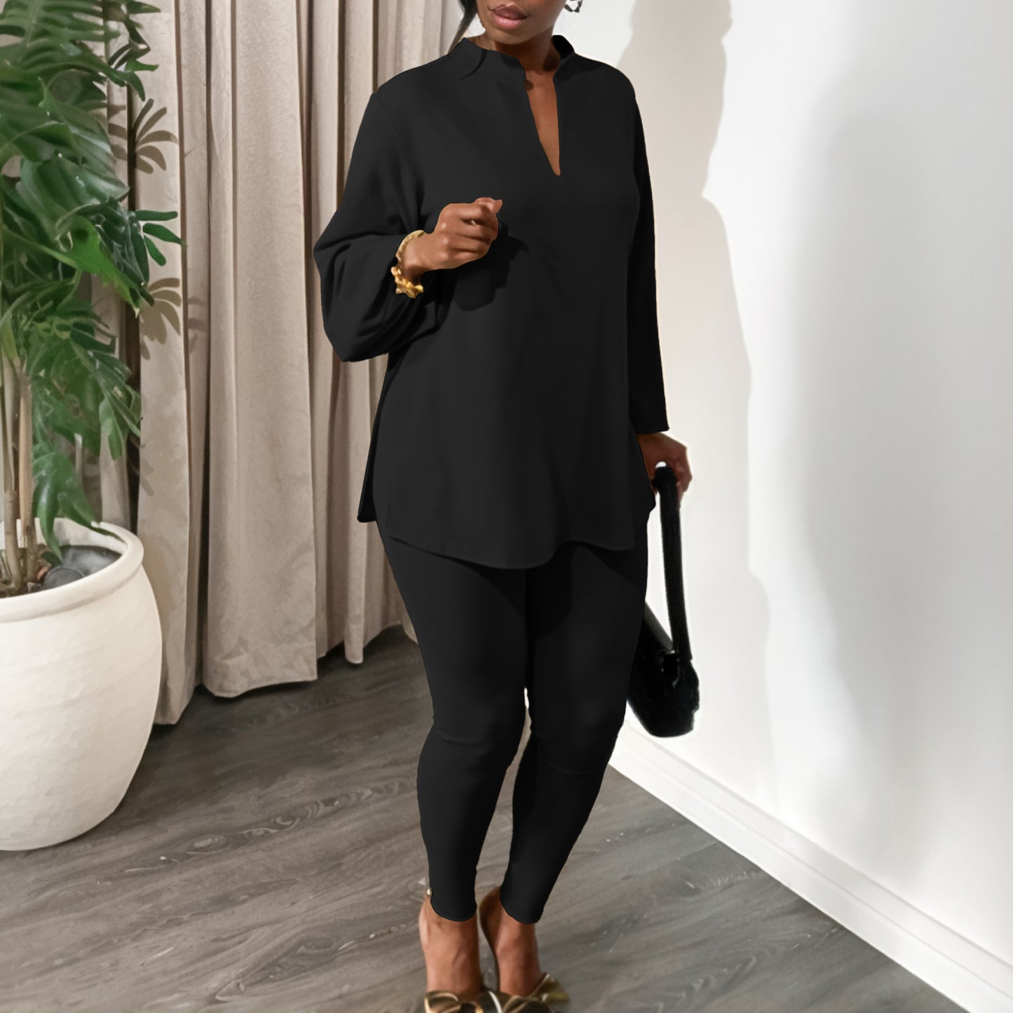 Solid Color Plus Size V-neck Long Sleeve Top Pants Suit