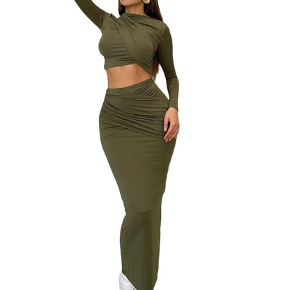 Round-neck Irregular Long-sleeved Crop Top Casual Skirt Two-piece Set