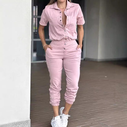 Women's Ankle-tied Lapel Pocket Waist Elastic Button Jumpsuit