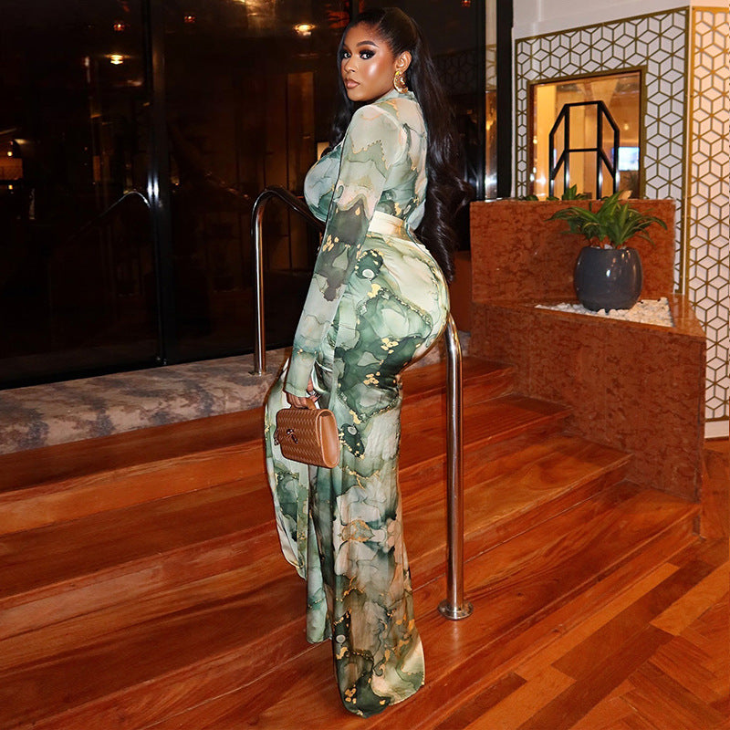 Printed Waist-wrapped Slim Fit Skirt Pleated Dress High Collar Two-piece Set