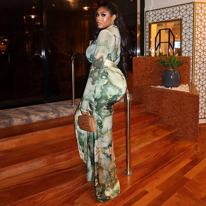 Printed Waist-wrapped Slim Fit Skirt Pleated Dress High Collar Two-piece Set