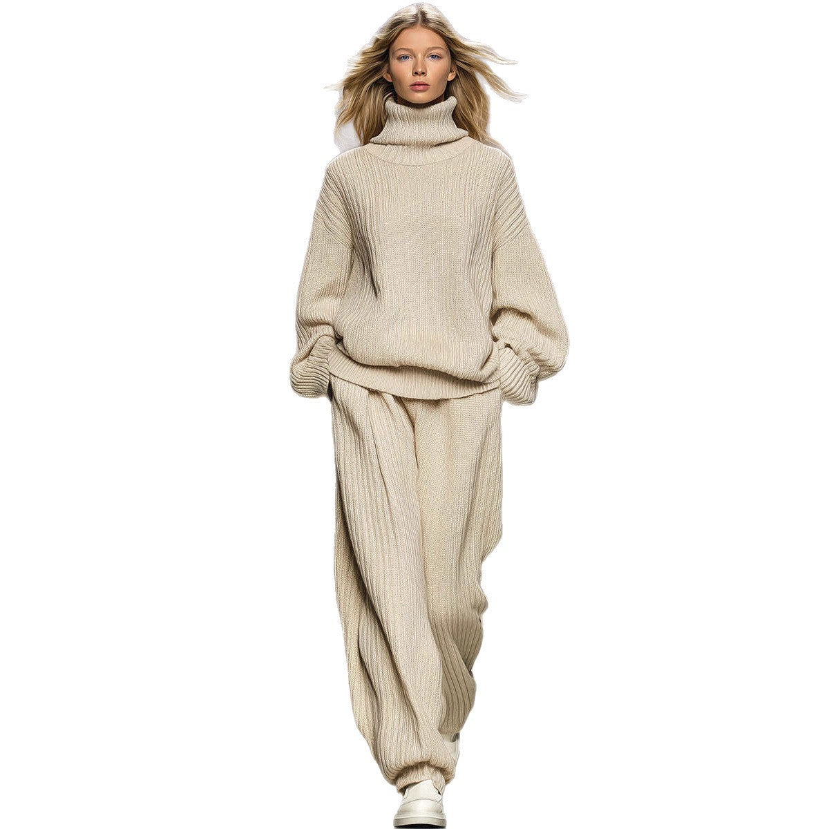 Knitted Loose Fitting Turtleneck And Wide Leg Pants Set