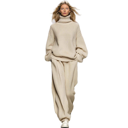 Knitted Loose Fitting Turtleneck And Wide Leg Pants Set