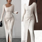 Womens Slim Fit Body Hugging Slit Neck Long Sleeve Knit Dress