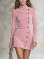 Solid-color Buttoned Waist-cinching Bodycon Dress