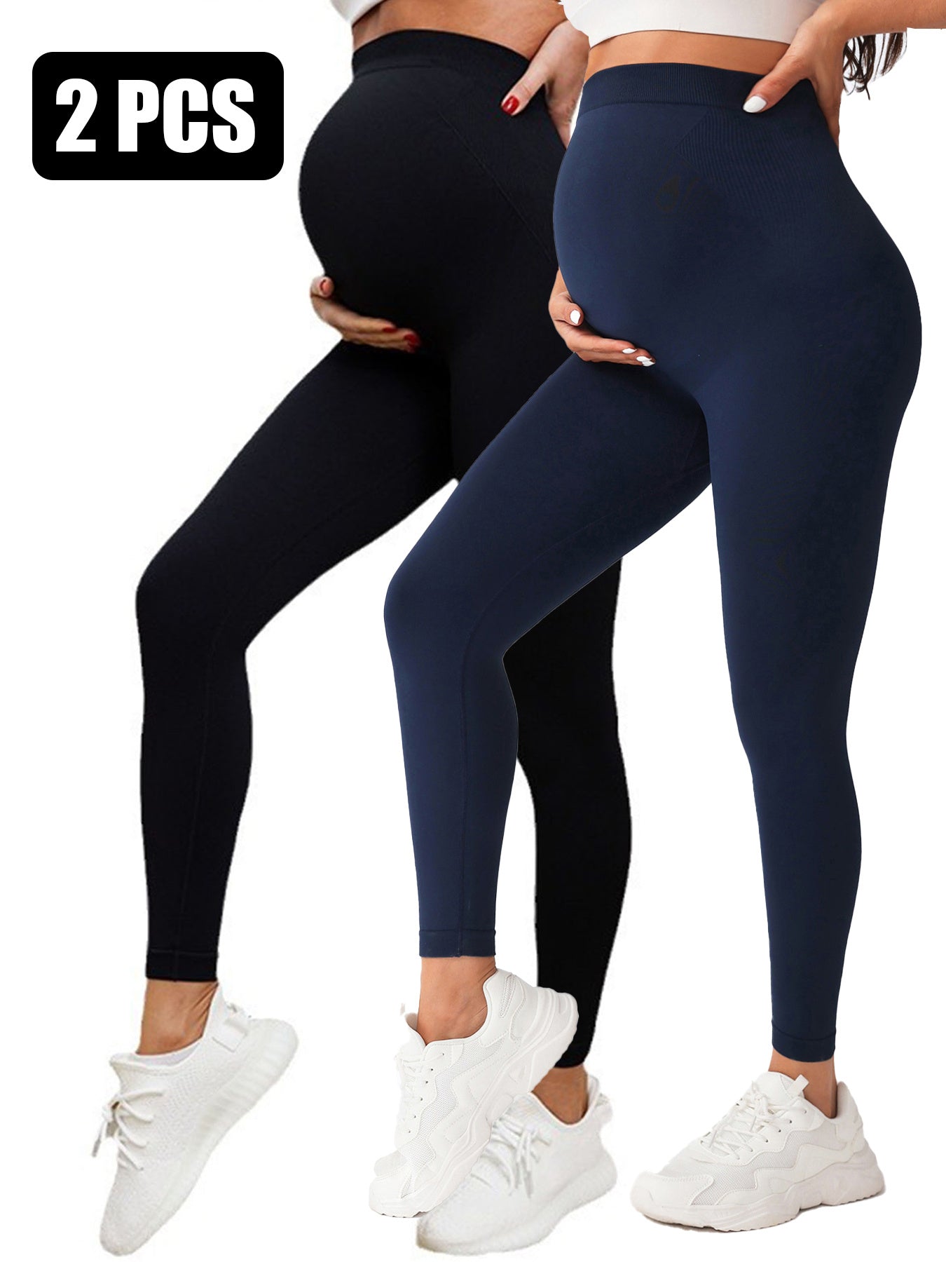 2 Pack  Maternity High-Waisted Seamless Yoga Pants For Women - Tummy Support Fitness Leggings