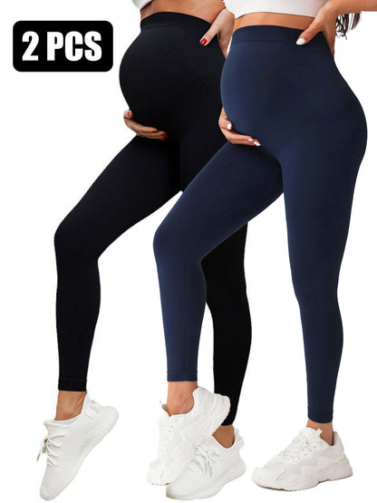 2 Pack  Maternity High-Waisted Seamless Yoga Pants For Women - Tummy Support Fitness Leggings