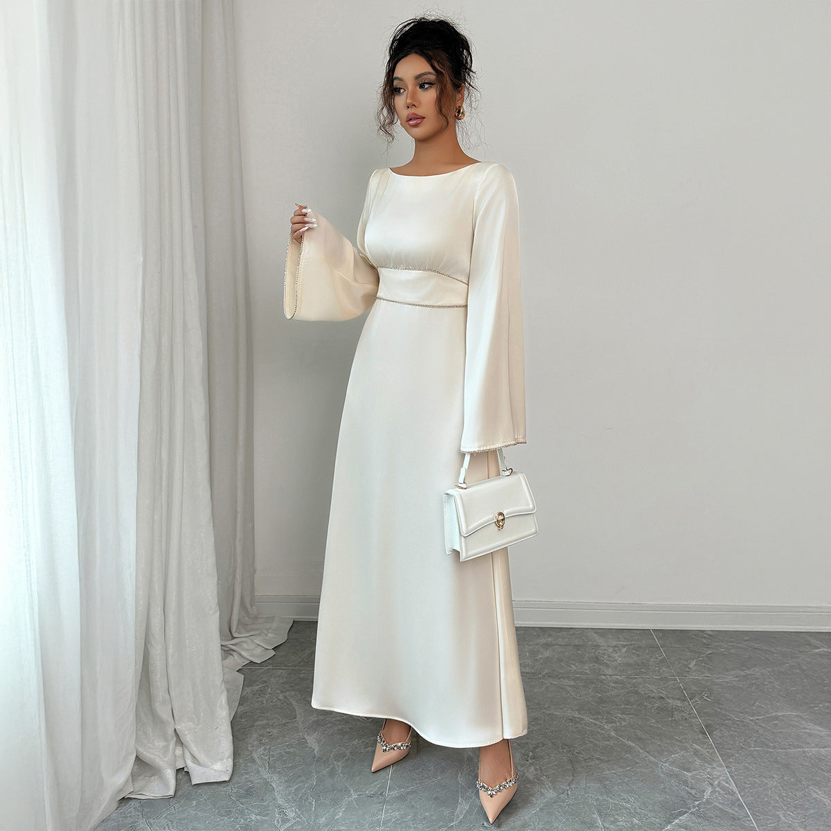 Elegant Graceful Style Waist Solid Color Long Sleeve Dress