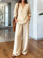 Womens Washed Cotton Multi-Color V-Neck Pullover Long-Sleeve Top And Pants Set