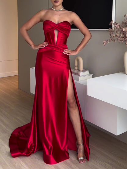 Red Tube Top Slit Evening Dress - Extra Long Maxi Gown