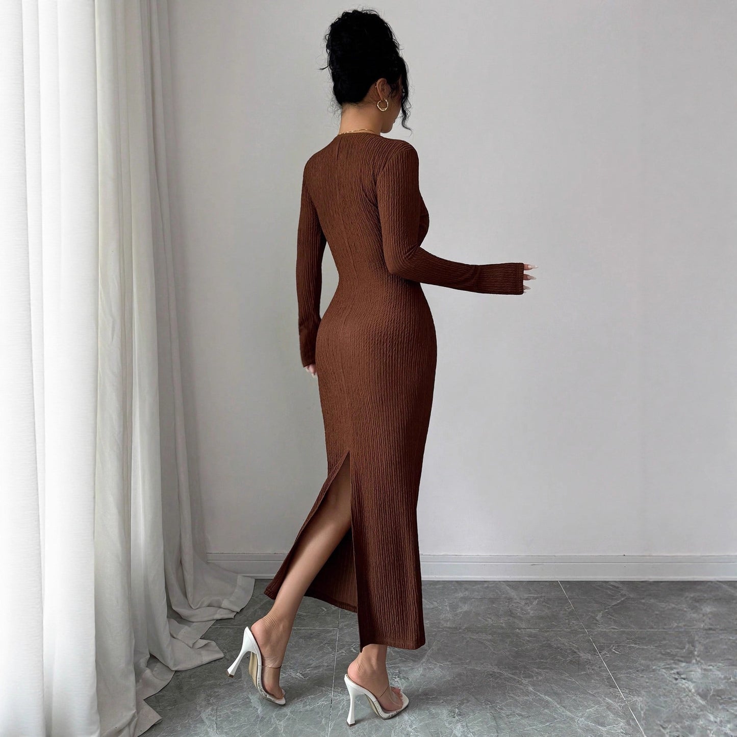 Cross-collar Knit Texture Slim-fit Slimming Dress