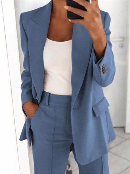 Ins Button Casual Suit Fashion Long-sleeved Lapel Blazer Jacket And Slim-fit Pocket Trousers For Women Clothing