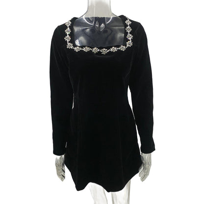 Women's Rhinestone Square Neck Velvet Dress, Long Sleeve Bodycon A-Line Mini Dress