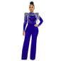 Arrival Hot-Stone Embellished Tassel-Trimmed Shoulder Design Sheer Polyester Mesh Patchwork Jumpsuit