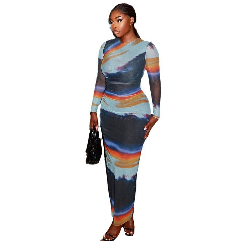 Printed Slim-fit Round-neck Long-sleeve Bodycon Dress For Women