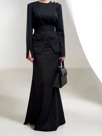 Black Pinstripe Maxi Dress With Structured Waist And Gold Button Accent