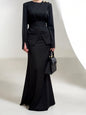 Black Pinstripe Maxi Dress With Structured Waist And Gold Button Accent