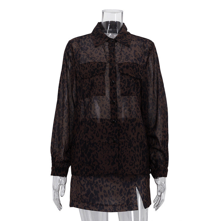 Lapel Long Sleeve Top High Waist Slit Short Skirt Two-piece Leopard Print Skirt Suit