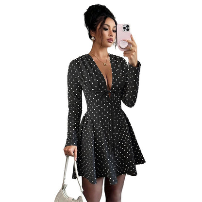 Fashionable Sweet Polka-Dot V-Neck Long-Sleeve Elastic-Waist Dress