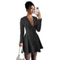Fashionable Sweet Polka-Dot V-Neck Long-Sleeve Elastic-Waist Dress