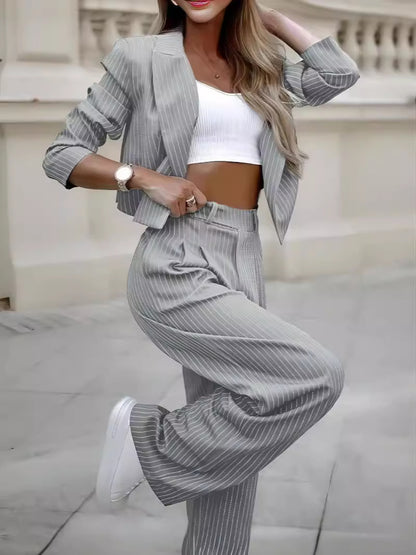Women's Spring Fashion Striped Suits Casual Lapel Long Sleeve Cropped Top And Straight Pants Outfits Women's Clothing