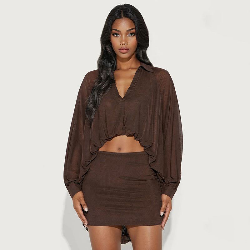 Mesh Bubble Hem Shirt Dress Set