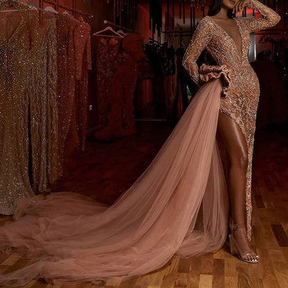 Women's Split Long Sleeve Gold Tassel Dress