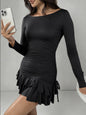 Women's Solid-Color Long-Sleeve Drawstring Fashion Short Dress