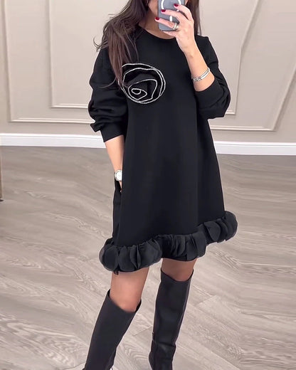 Floral Beaded Peplum Spliced Loose Sweater Dress