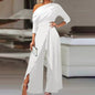 Women's Elegant One-Shoulder Jumpsuit With Long Sleeves & Pants Slit Pleated Waist Formal & Party For Spring&Summer
