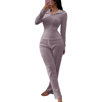 New Knitted Polo Collar Long-sleeved Casual Trousers Pajamas Homewear Suit