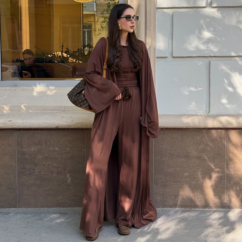 Casual Long Coat, Long-sleeve T-shirt, And High-waisted Long Pants Three-piece Set