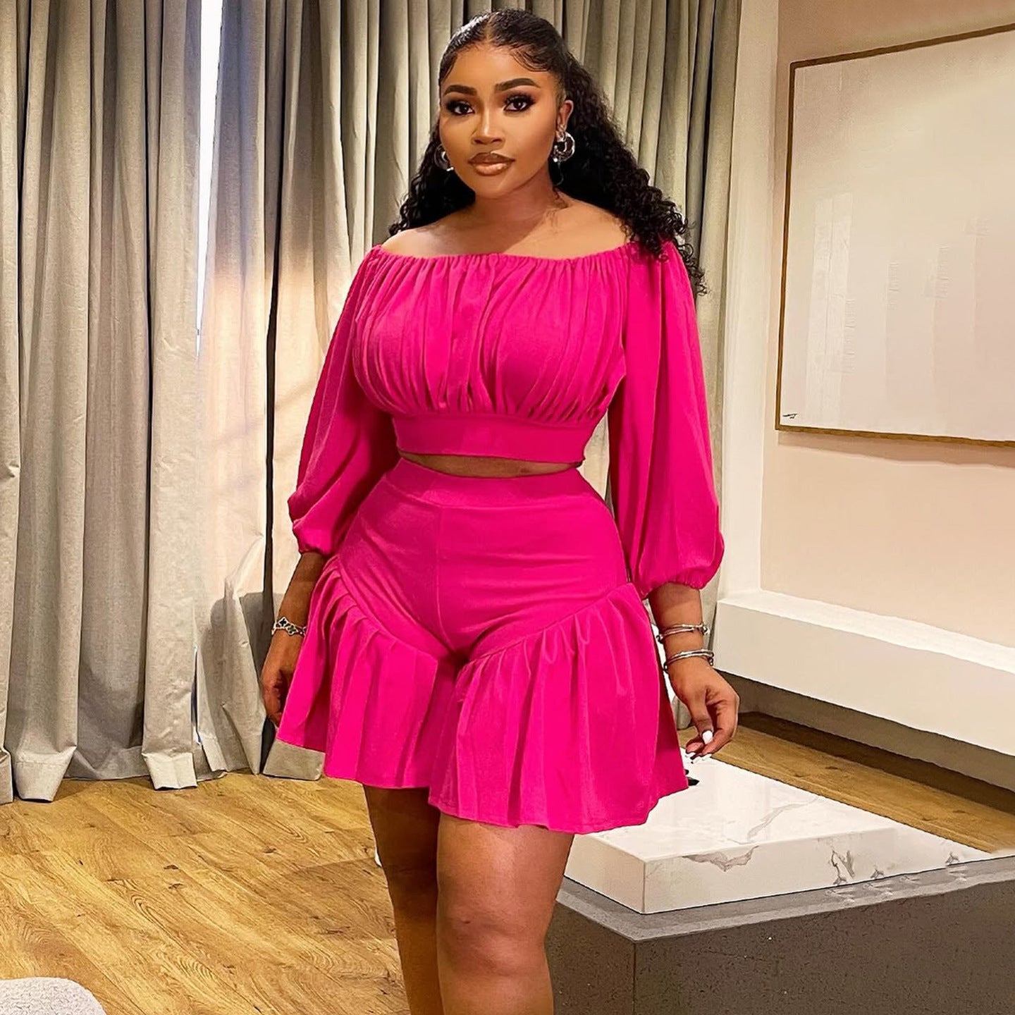 Pleated One-shoulder Puff Waist-casual Two-piece Set
