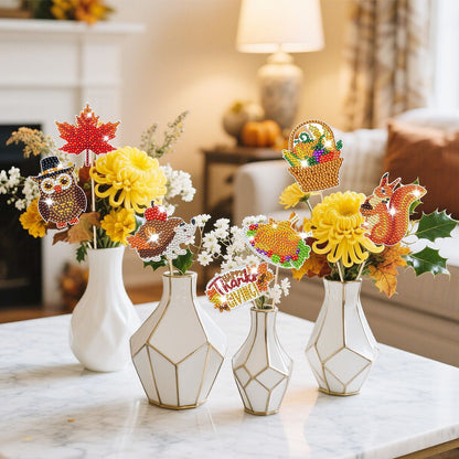 12 Packs Rhinestones Painting Art Kit Fall Pumpkin Turkey Maple Corn Design Decorative Stakes For Vase DIY 5D Rhinestones Art Craft Ornaments With Glue And Suction Cup For Thanksgiving Harvest Decor