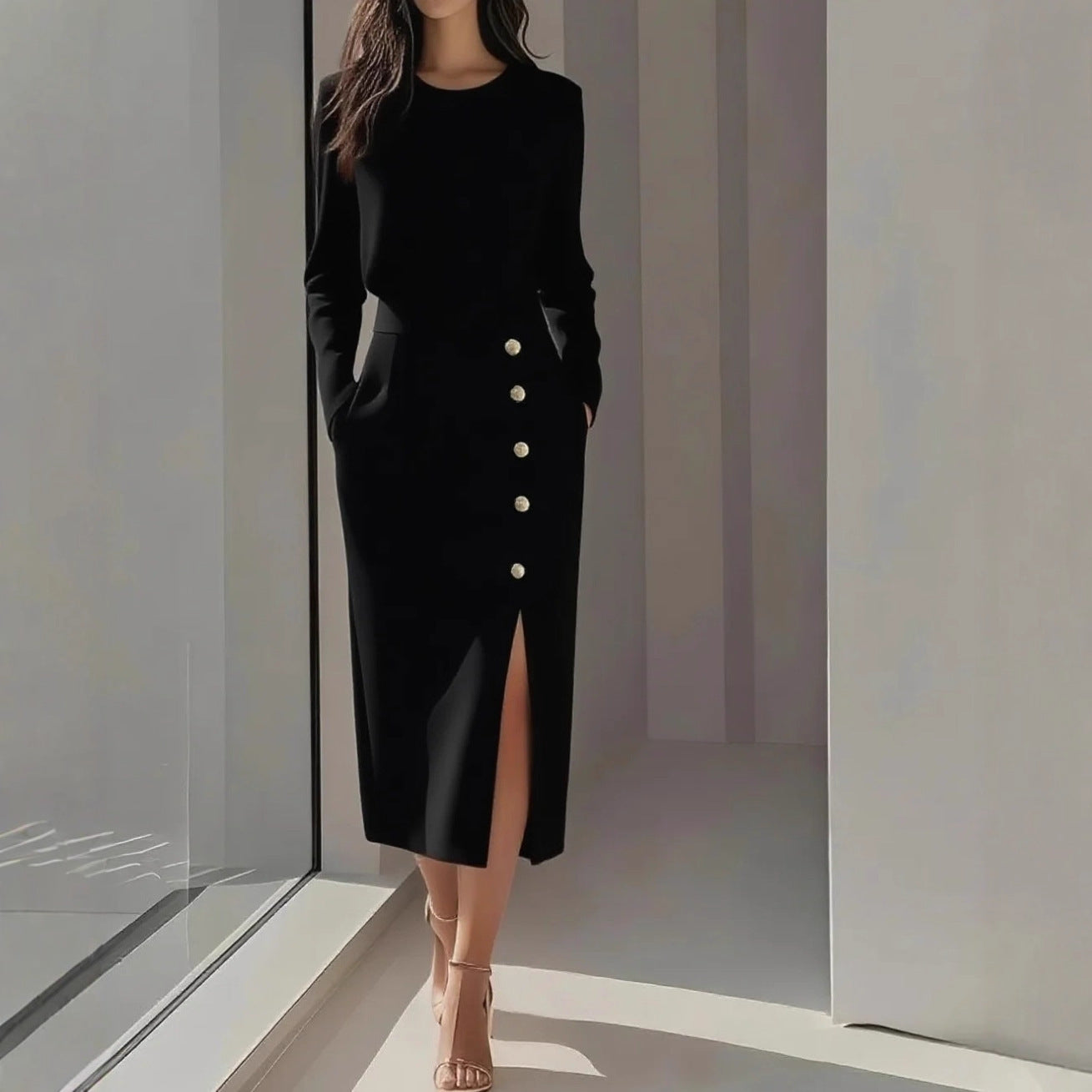 Long-sleeved Round Neck Waist-tie Button-decorated Slit Women's Dress