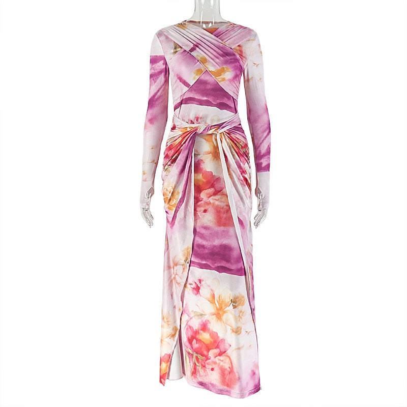 Slim-fit Wrap Bodycon Pleated Long-sleeve Dress