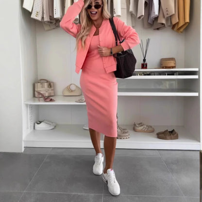 Solid Color Sling Dress Cardigan Outerwear Top Long Skirt Two-piece Set