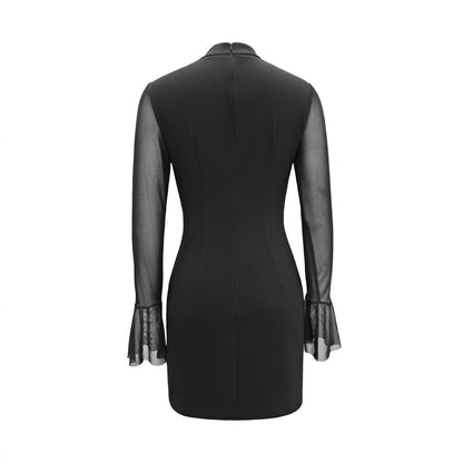 Women's Solid Color Semi-sheer Long-sleeve High-neck Fitted Dress