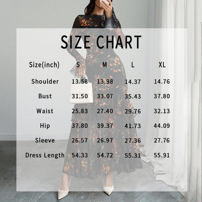 Women's Floral Print Maxi Dress, Sheer Mesh Flare Sleeve With Tiered Ruffle, Romantic Boho Casual Long Dress
